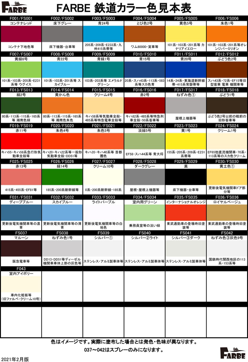 ホビーショップ タムタム 鉄道部 Sur Twitter Farbeカラー色見本表です 今回生産分よりf027 クリーム10号の色味を明るめの色調 へ変更しております 従来のクリーム10号はf043 室内アイボリーとして新品番 名称にて発売となっております ファルベ 鉄道カラー ホビーショップ タムタム 鉄道部 Sur Twitter Farbeカラー色見本表です 今回生産分よりf027 クリーム10号の色味を明るめの色調 へ変更しております 従来のクリーム10号はf043 室内アイボリーとして新品番 名称にて発売となっております ファルベ 鉄道カラー