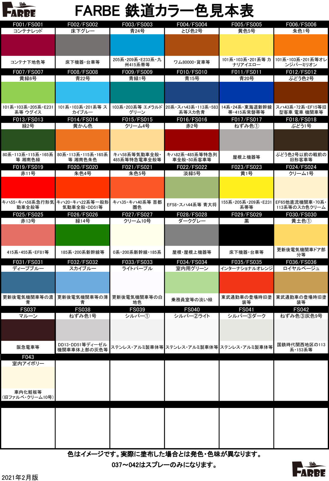 ホビーショップ タムタム 鉄道部 Sur Twitter Farbeカラー色見本表です 今回生産分よりf027 クリーム10号の色 味を明るめの色調へ変更しております 従来のクリーム10号はf043 室内アイボリーとして新品番 名称にて発売となっております ファルベ 鉄道カラー