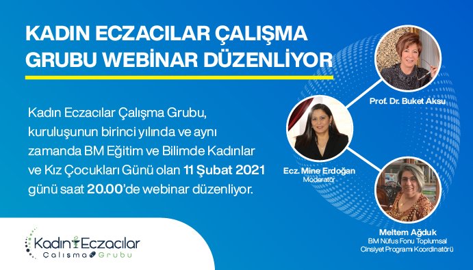 📢Kadın Eczacılar Çalışma Grubu Webinar Düzenliyor

BM Eğitim ve Bilimde Kadınlar ve Kız Çocukları Günü ve Kadın Eczacılar Çalışma Grubu'nun birinci kuruluş yıl dönümü

🗓️11.02.2021 Perşembe
⏰20:00
🔗 zoom.us/webinar/regist… (Kayıt linki)

📡<a href="/tebkurumsal/">Türk Eczacıları Birliği</a> ve <a href="/EczaciTV/">Eczacı TV</a> canlı yayın