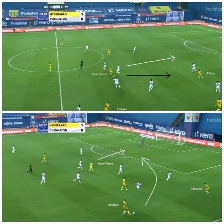 In the below move, striker Aridane Santana has moved out of his position to occupy the position generally held by an RB, inviting his CMs to make the run into the penalty area. Santana and Victor catch out the opposition defs ball watching and nearly scored from the move.