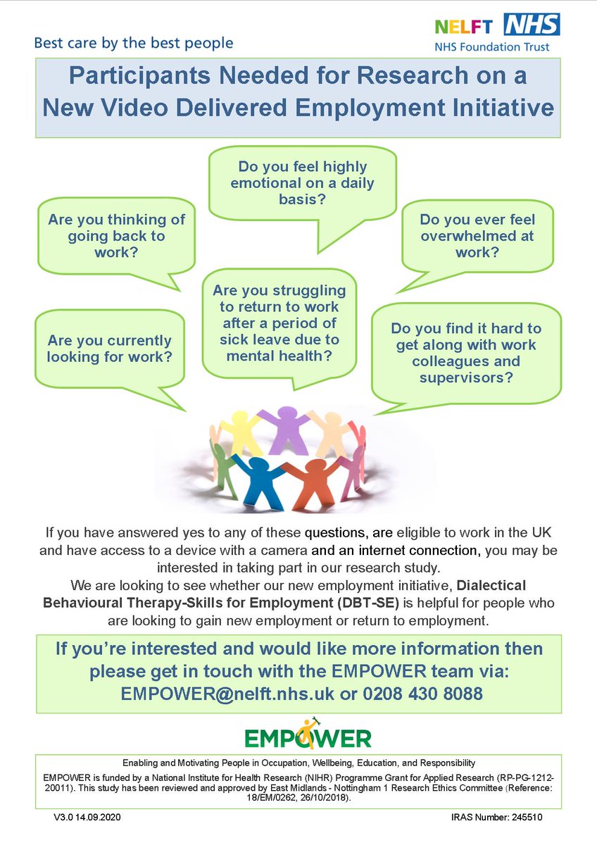EMPOWER_NELFT's tweet photo. The #EMPOWER #research study aims to help people gain and maintain work through our new video-delivered employment initiative. If you think our study sounds helpful to you, please don't hesitate to get in touch - we are recruiting now! #NIHR #RCT #NELFT #NHS https://t.co/CXkuu7asiQ