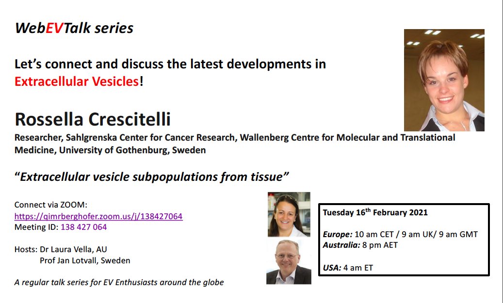 WebEVTalk's tweet photo. How can we successfully isolate EVs from tissue and study the heterogeneity? Join @RossellaCrescit  
(Nature Protocols: https://t.co/FIJWIqO2IP)

Tue 16th Feb 2021

Europe: 10 am CET / 9 am UK/ 9 am GMT
Australia: 8 pm AET

https://t.co/JLXksawlVI

@janlotvall @Dr_LauraV https://t.co/24FvX7G53o