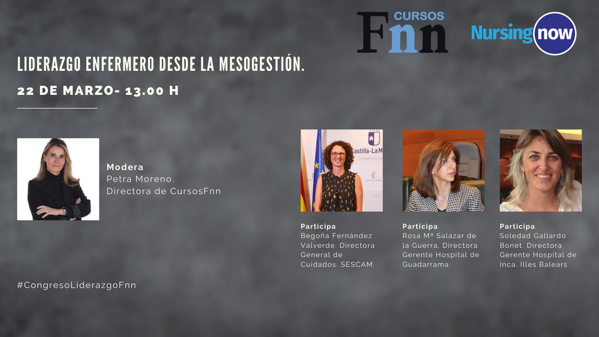 ¿Sabes lo que significa la mesogestión sanitaria? 

Te invitamos el próximo 22 de marzo al #CongresoLiderazgoFnn para hablar con Begoña Fernández, Rosa Mª Salazar y Soledada Gallardo. Enfermeras referentes en el ámbito nacional.

¡Acceso libre y gratuito!

cursosfnn.com/congreso-virtu…
