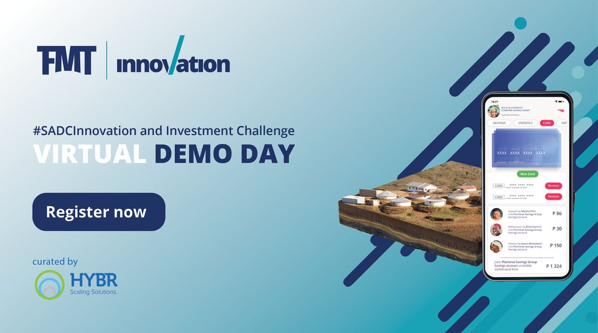 Finmarktrust's tweet photo. We're excited for the #SADCInnovation &amp; Investment Challenge Investor Virtual Demo Day on 25 Feb 2021 at 4pm SAST - which culminates the competition &amp; incubation programme to develop 3 ventures solving for financial inclusion within SADC.

Register at https://t.co/hV1C7d2CvN https://t.co/PXvVNb2Es3