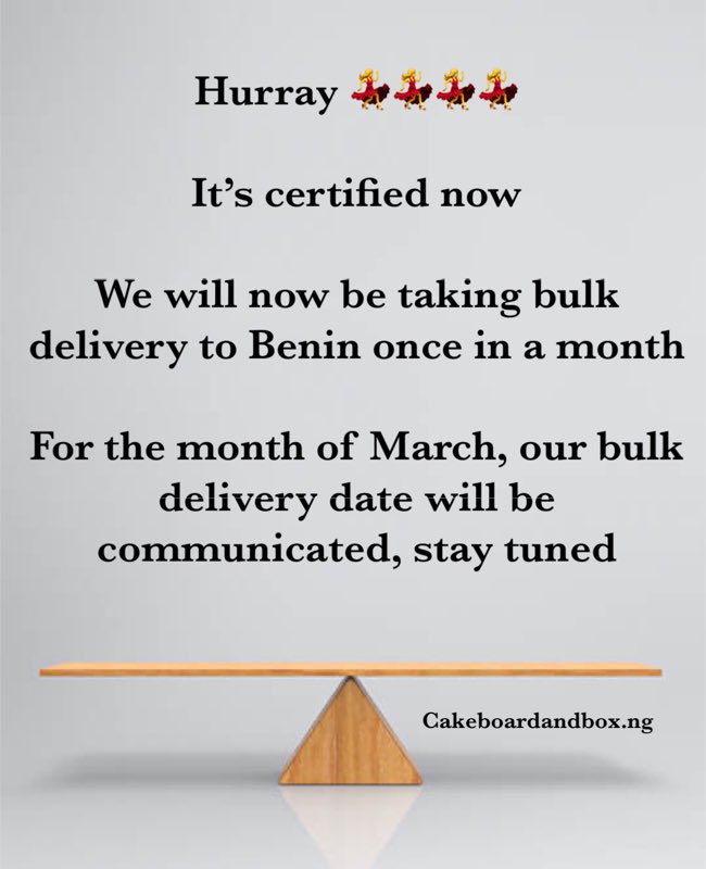 God did it!!!

We will now be taking bulk delivery to Benin once a month,🤗🤗🤔
Who is excited as I am 

Benin bakers are you ready for what is about to hit you 

I remain your plug for cake boards and cake boxes 
.
.
.
#benintwittercommunity #benin #beninbakers #cakesinbenin