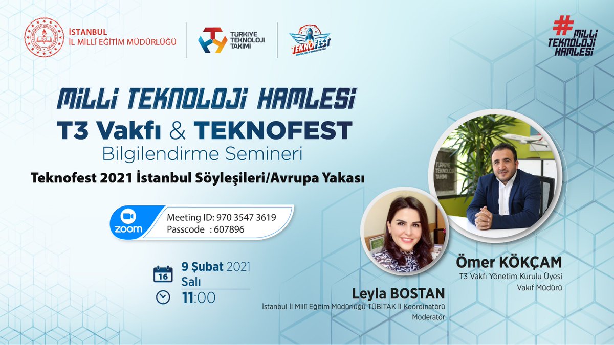 ist_arge's tweet photo. 🔹Millî Teknoloji Hamlesi
T3 Vakfı &amp; TEKNOFEST Bilgilendirme Semineri

🔹TEKNOFEST 2021 İstanbul Söyleşileri /Avrupa Yakası

🗓️ 09 Şubat Salı / Bugün

⏰ 11:00 ve
⏰ 16:00

👥 Hepinizi Bekliyoruz...

@tcmeb @memleventyazici
@T3Vakfi @teknofest
@istanbulilmem @OzilLevent https://t.co/qdC9ewM7rB