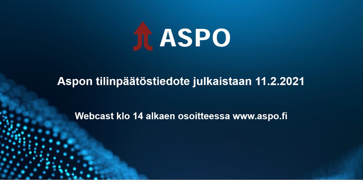 Aspon tilinpäätöstiedote julkaistaan torstaina 11.2. noin klo. 10. Toimitusjohtaja Aki Ojasen tulosesitystä pääset seuraamaan suorana lähetyksenä osoitteessa hubs.ly/H0G8qjS0 klo 14 alkaen. Tervetuloa mukaan!