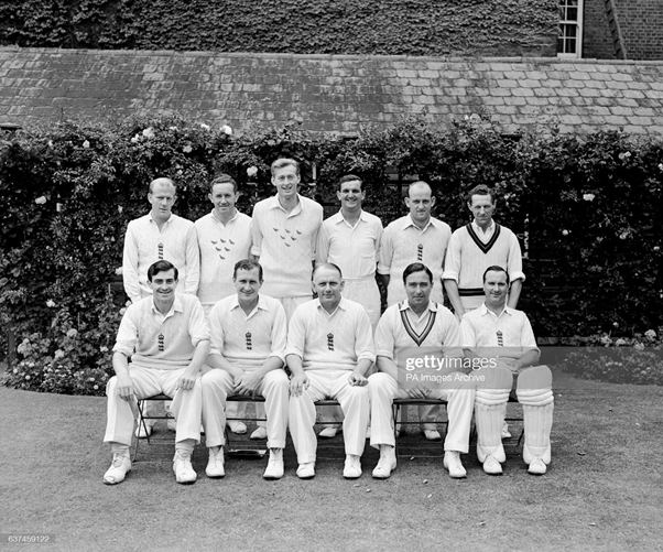 Here he is seen as part of the Players side during one of the ridiculously archaic Gentlemen vs Players fixture of the 1950s