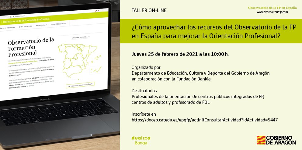 fp_aragon's tweet photo. ✅ TALLER ON LINE
Como aprovechar los recursos del observatorio de la FP en España para mejorar la #OrientaciónProfesional.
⏱Jueves 25/02/2021 a las 10:00
♻️Para profesionales de la orientación de #CPIFP #CPEPA #FOL @DualizaBankia @fp_aragon @GobAragon @cifpa_aragon https://t.co/E6XxTh54eJ