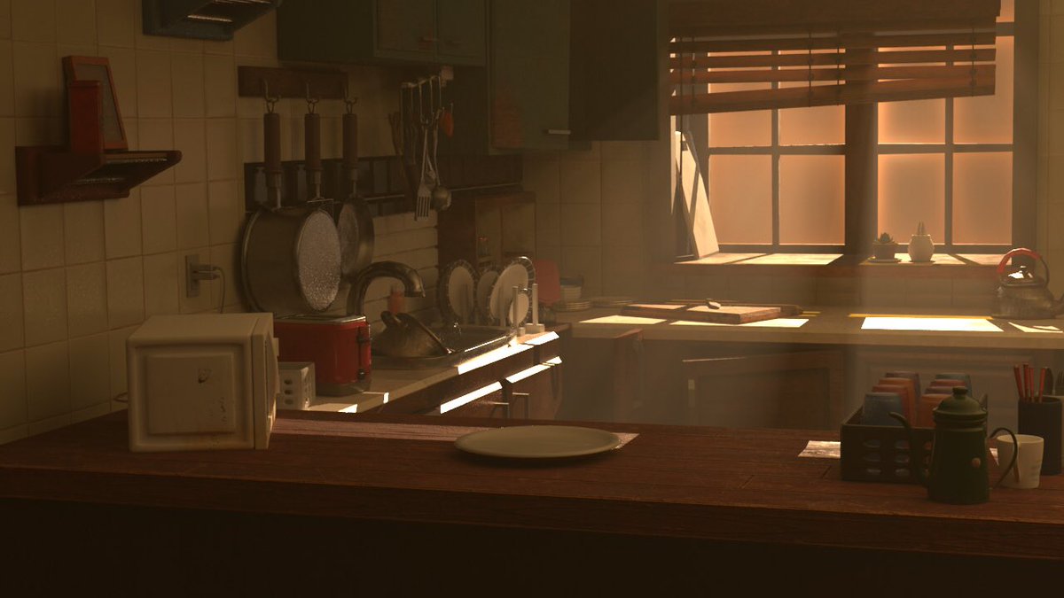 こぶとり 3dcg Maya 背景モデリング 昨日あげた部屋の別アングル ずっと放置してたけど お皿に乗せる目玉焼きとトマトの輪切りとバスケットに入ったパンを作る予定