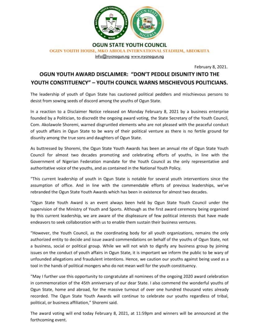 orladhortun's tweet photo. "Don't peddled disunity into the Youth Constituency"- Ogun State Youth Council warns mischievous politicians!

Cc: @dabiodunMFR https://t.co/a0wvWbyKaF