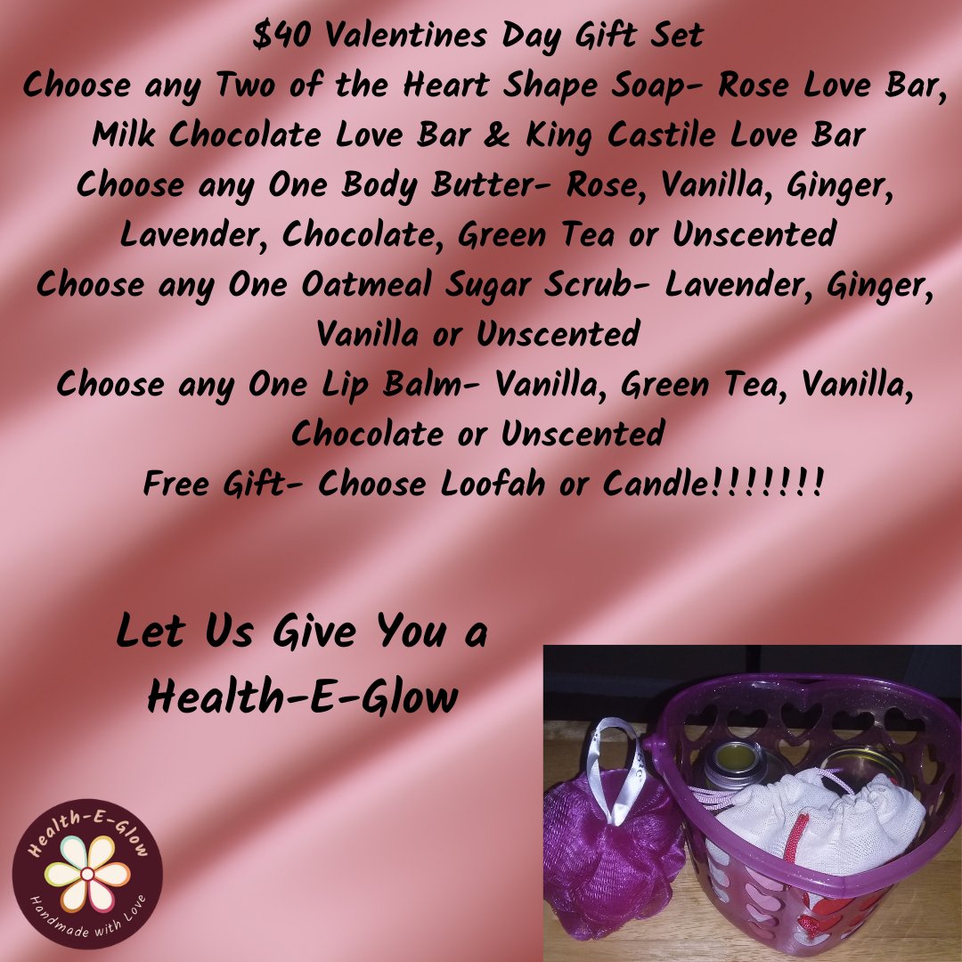 HealthEGlow1's tweet photo. Valentine's Day Gift Sets. Starting @ $15. Message me for orders today.  #naturalskincare #valentinesdaysoap #rosesoap #chocolatesoap #mensoapbar #lipbalm #faceandbodyscrub #whippedbodybutter #ValentinesDay #skincare #natural #glowingskin #handmadewithlove https://t.co/SmL9UHyAau