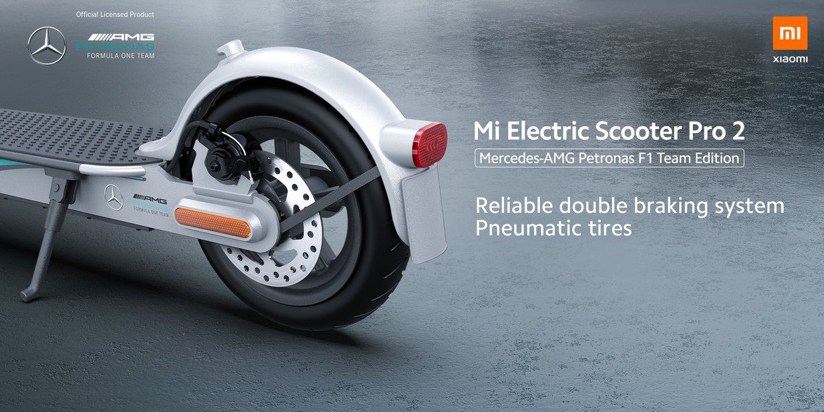 Xiaomi's tweet photo. We engineered #MiElectricScooterPro2 Mercedes-AMG Petronas F1 Team Edition with safety in mind! 

✔️ Double braking system 
✔️ Pneumatic tires 
✔️ Built-in display
@MercedesAMGF1 https://t.co/QsHXQuZMjo