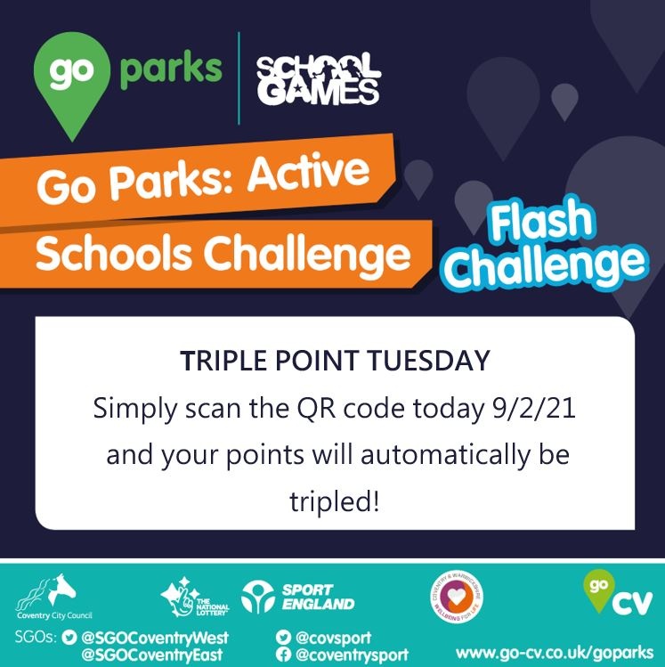 🌟FLASH CHALLENGE NO.2 🌟  

It’s Triple Point Tuesday!  

For today only, one scan of a Go Parks QR code is worth 30 points instead of the usual 10!  

Find your closest participating park➡️ orlo.uk/UWJBK

Remember: stay safe and stay local. 

#GoParks