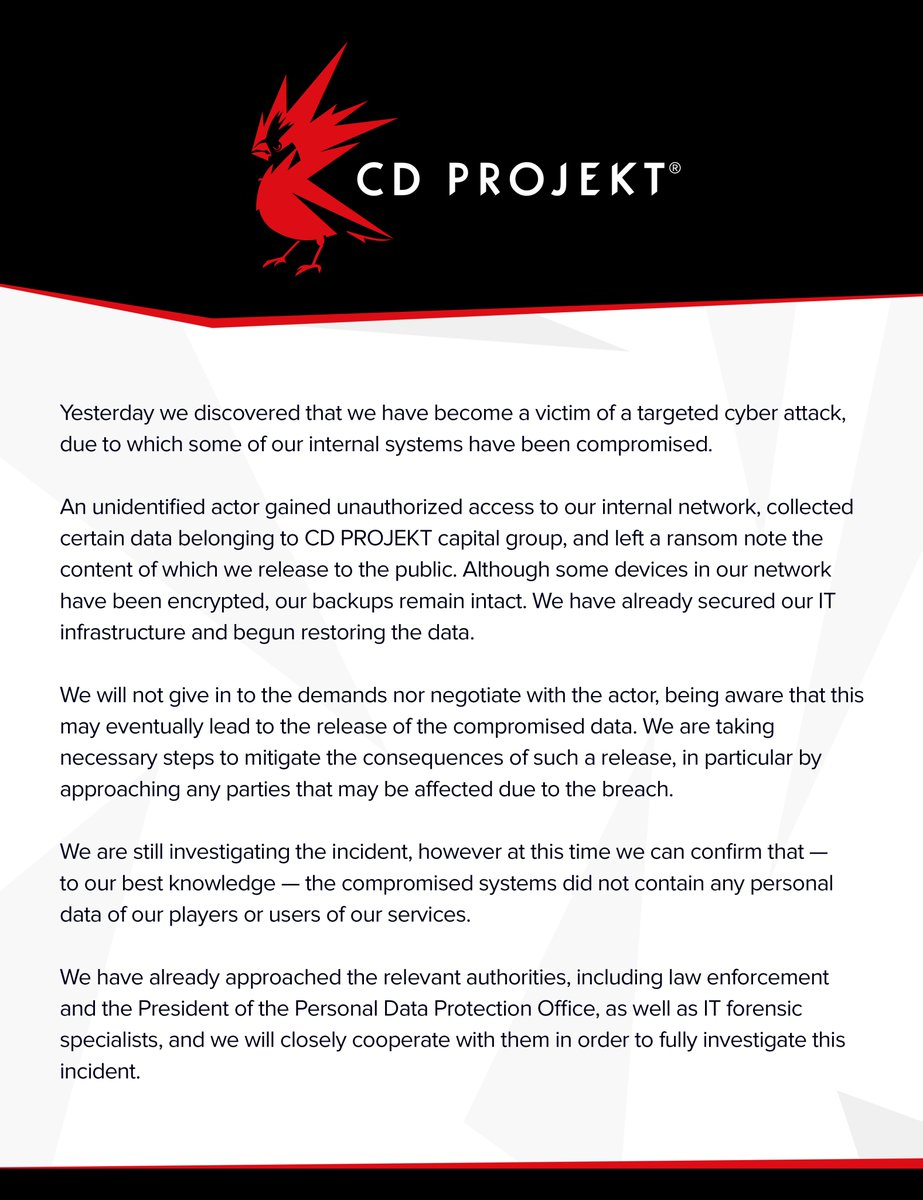Внутреннюю сеть CD Projekt взломали