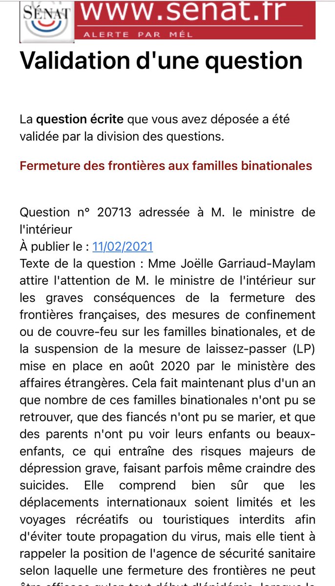 senateurJGM's tweet photo. #fermeturedesfrontières #familles binationales. Ma question écrite à @GDarmanin Les #motifsimpérieux doivent nécessairement être revus afin d’inclure, comme partout en Europe, la possibilité de retrouver son conjoint ou son enfant. Un peu de bienveillance SVP🙏 #LoveIsNotTourism https://t.co/flIxlR3HaD
