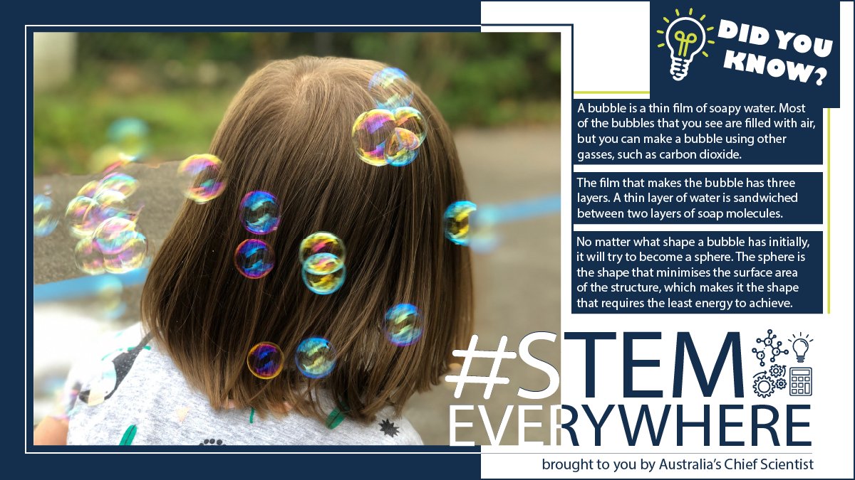 ScienceChiefAu's tweet photo. Why are bubbles always a sphere? How are they made? Why are they so much fun? We can’t help you answer the last question but today’s #STEMeverywhere tweet can certainly help you answer the first two. Find out more about the campaign: https://t.co/20ao5TJaU2. https://t.co/cIG8YOUFQp
