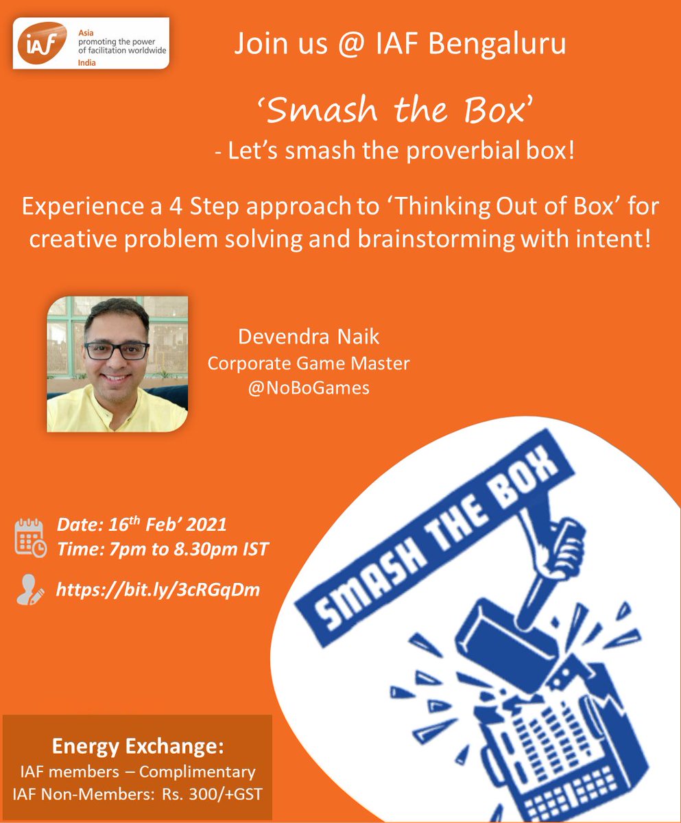 IAFIndiaOrg's tweet photo. #Upcomingsession 'Smash The Box' - An Interactive game-based workshop scheduled on 16th February @7pm IST facilitated by Devendra Naik.
Click here to register: https://t.co/jMioiUxhzy
#facilitation #facind #iafblr #iafindia @dugars @HardyAlexander @IAFacilitators https://t.co/MhpqwyQwns