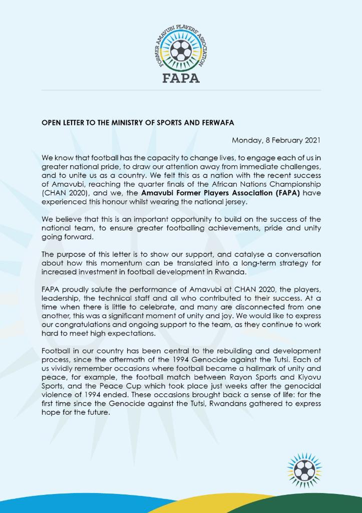 FAPA_Rwanda's tweet photo. Delighted to share with you the news that we promised you yday. We proudly salute the recent grt performance of @AmavubiStars at #CHAN2020
&amp; also want to ghl our recomm on what we believe could be the key actions to an effective football dev agenda in our country as we go fwd.👇 https://t.co/3S2tpj9YPo