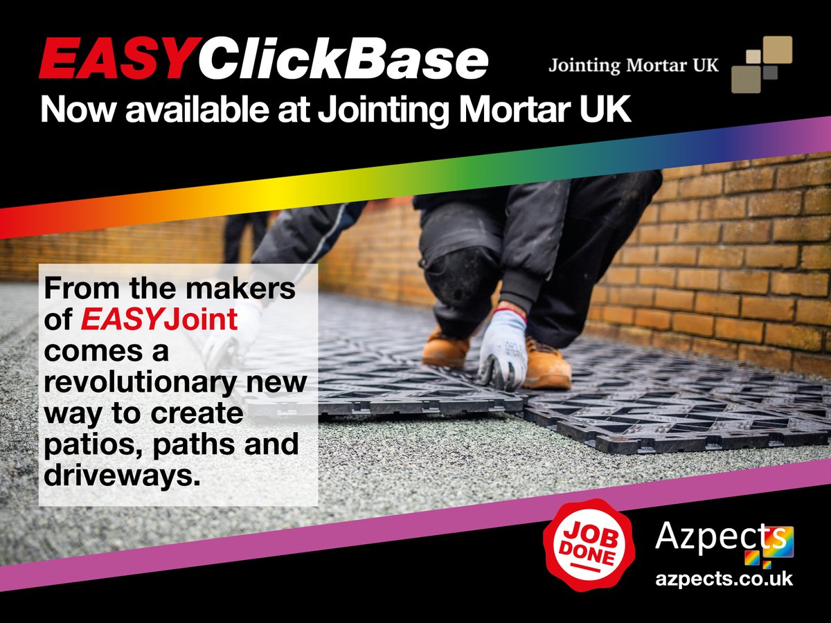 ❗❗NEW STOCKIST❗❗
#EASYClickBase, the revolutionary way to create a stable sub-base for patios and driveways, is now available #online thanks to Jointing Mortar UK! 
jointingmortaruk.com/product-catego… 
Want to know more? Contact <a href="/AzpectsTom/">Tom Pearson</a> 
Or visit azpects.co.uk