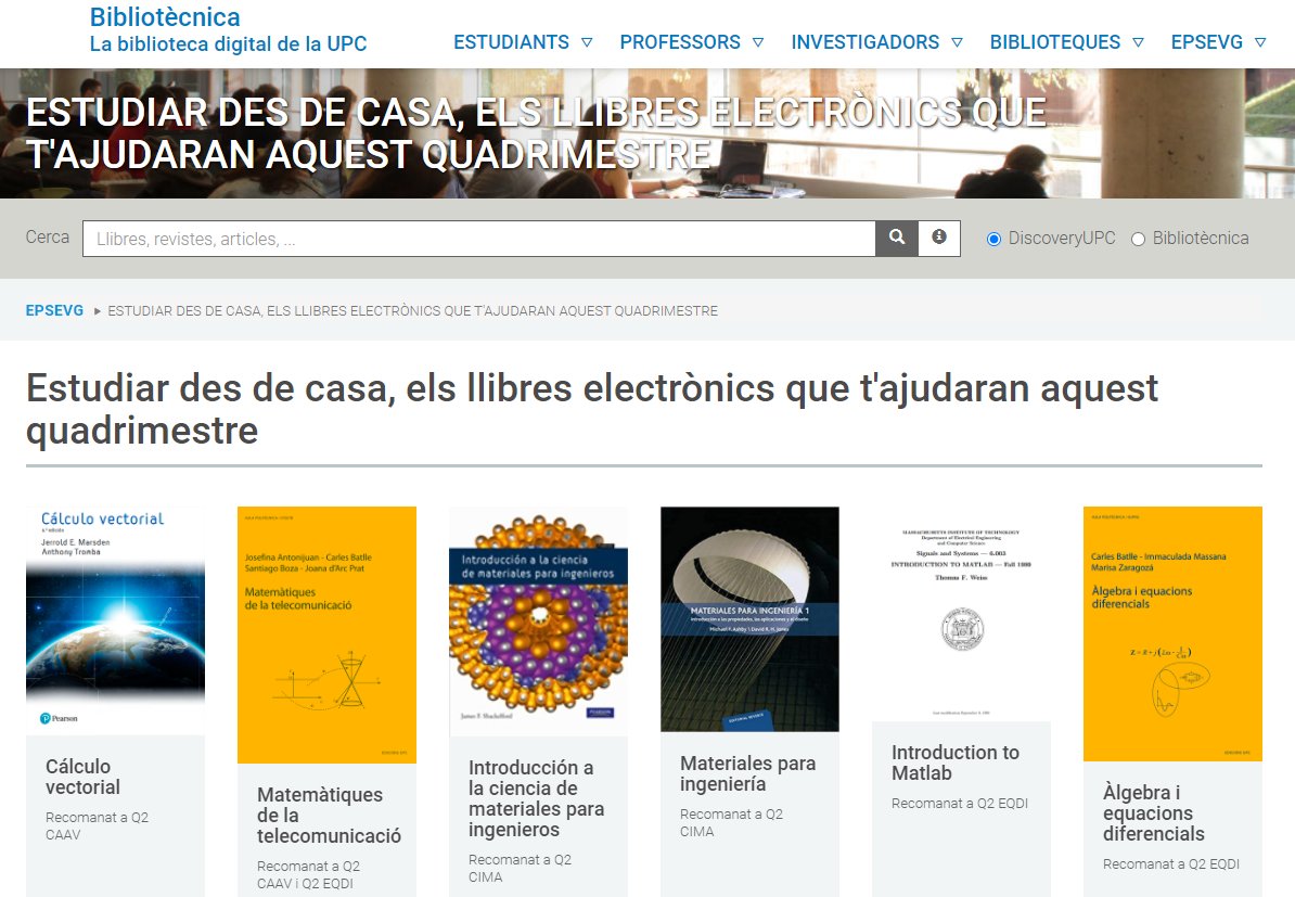 BibUPCVILANOVA's tweet photo. Avui estrenem nou quadrimestre a @UPCVilanova majoritàriament en format virtual. Per això us hem preparat el recull de llibres electrònics consultables des de casa que us ajudaran a seguir les assignatures durant aquest període: https://t.co/021uD6kBQ3 https://t.co/T31SJ8aQaV
