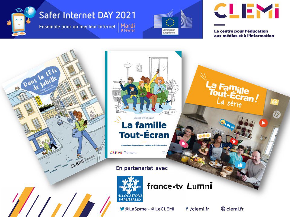 LeCLEMI's tweet photo. #SaferInternetDay 
Retrouvez tous les conseils #ÉducMédiasInfo utiles pour tous les âges de l’univers de la #FamilleToutÉcran
➡️https://t.co/ANt9LWEjcj
Have a look at #CLEMI and its partners’ Media and Information Literacy resources in English. #SID2021 
➡️https://t.co/HhNQyzJYoG https://t.co/r7b9FKBBU4