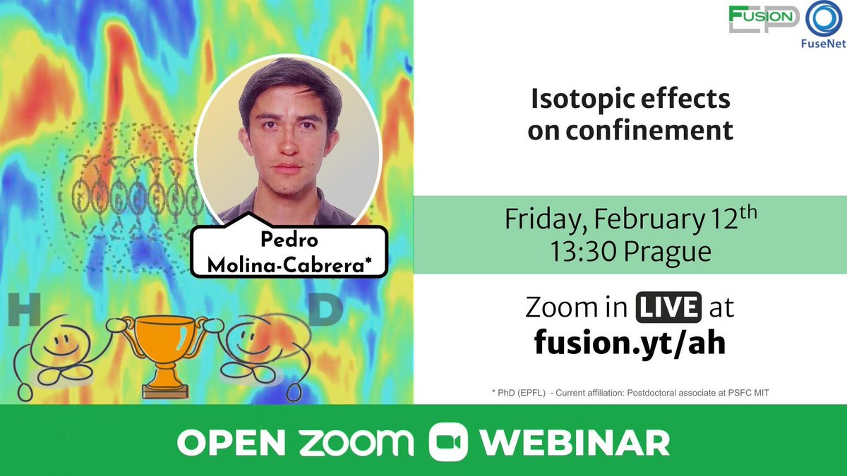 FusionInCloseUp's tweet image. Check out the #FusionEP webinar this Friday 13:30 CET! Pedro Molina-Cabrera will explain how the weights of different isotopes in fusion fuel influence confinement. @FuseNet_eu #FusionEPtalks #FusionInEurope #fusionenergy #fusionresearch @TCV_tokamak  @ScienceMIT @ASDEX_Upgrade