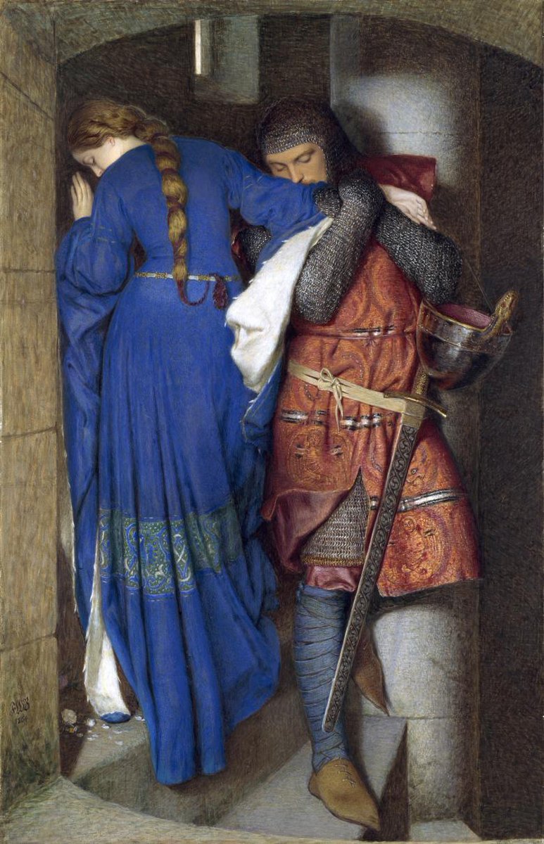 9/Frederic William Burton's painting, 'Meeting on the Turret Stairs' (1864), is in  @NGIreland collections. Based on a Danish myth, it depicts the final moment between Hildebrand & Hellelil, as Hildebrand descends to his death for the crime of being Hellelil's lover  #ActsofUnion