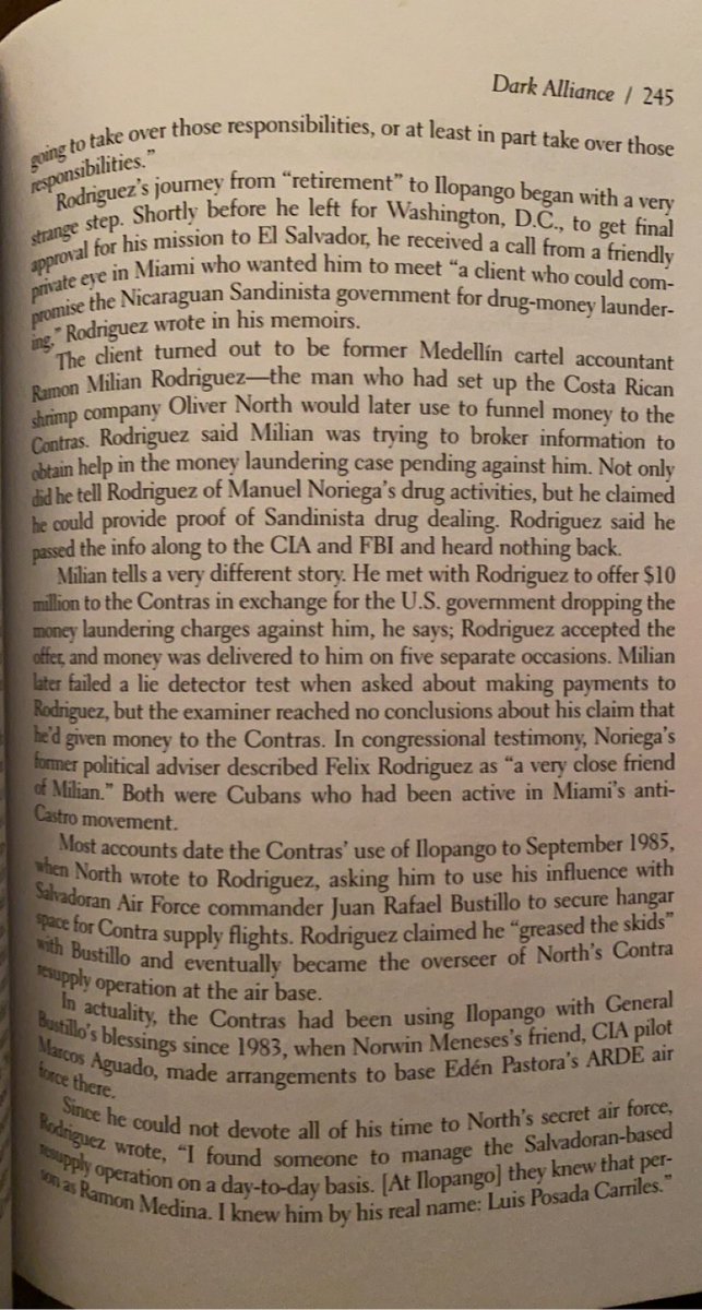 officially rodriguez wasn’t working with the contras until 1986, but in 1985 the cia sent him to coordinate activities at the air force base in ilopango, el salvador (which the contras had been using since 1983). he brought fellow cuban exile luis posada to be his right hand man: