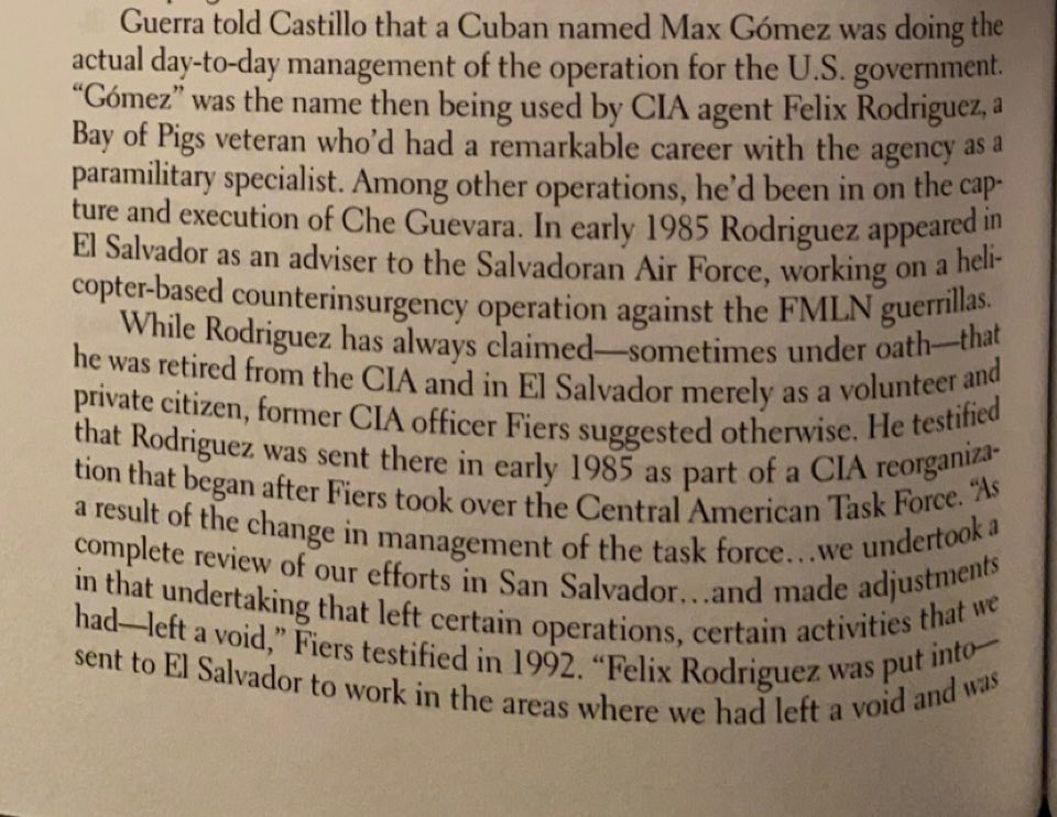 officially rodriguez wasn’t working with the contras until 1986, but in 1985 the cia sent him to coordinate activities at the air force base in ilopango, el salvador (which the contras had been using since 1983). he brought fellow cuban exile luis posada to be his right hand man: