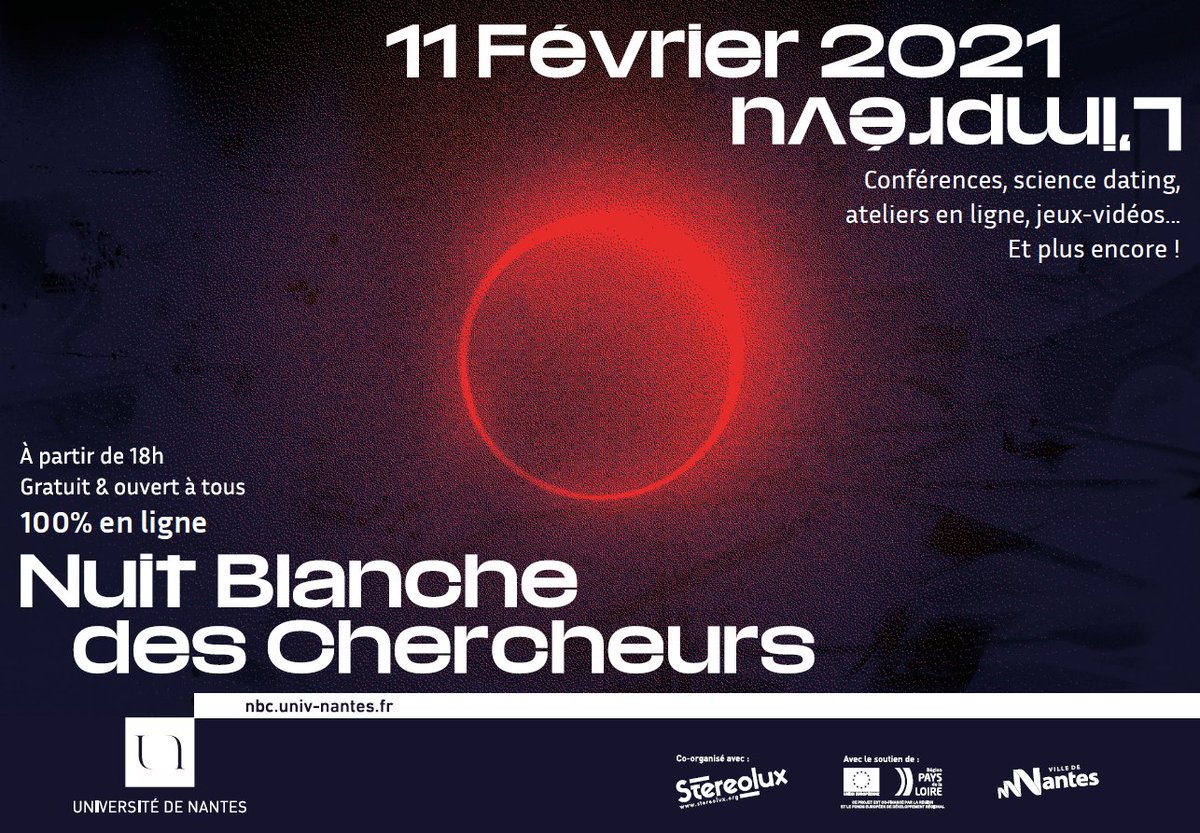 CNRS_dr17's tweet photo. #Evènement📺| Rendez-vous le 11 février pour La Nuit blanche des chercheurs de l'@UnivNantes et @Stereoluxnantes pour un événement en ligne riche de rencontres et de découvertes sur le thème "L'imprévu" ! ⚗️
▶️https://t.co/d9bRlfKAi2
#Subatech #LMJL @LPG_Lab @UMR_LETG @LaboLS2N https://t.co/Zv0gFtHbfW