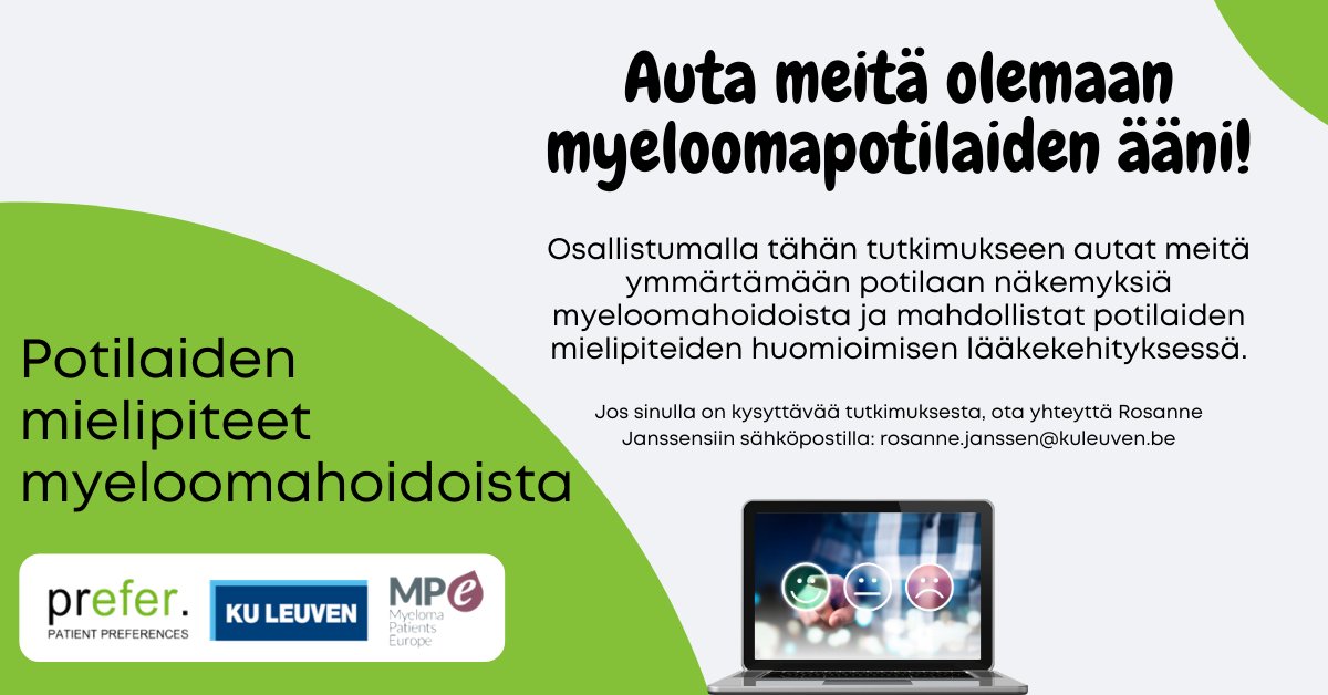 MyelomaEurope's tweet photo. Selvitämme yhteistyössä @KU_Leuven yliopiston ja @IMI_PREFER kanssa potilaiden näkemyksiä myeloomahoidoista. Auta varmistamaan, että potilaan, näkemykset, kokemukset ja tarpeet tulevat kuulluksi lääketutkimuksessa ja päätöksenteossa Euroopassa. #myelooma
https://t.co/901Mtm93Fn https://t.co/oOKGxuzrxv