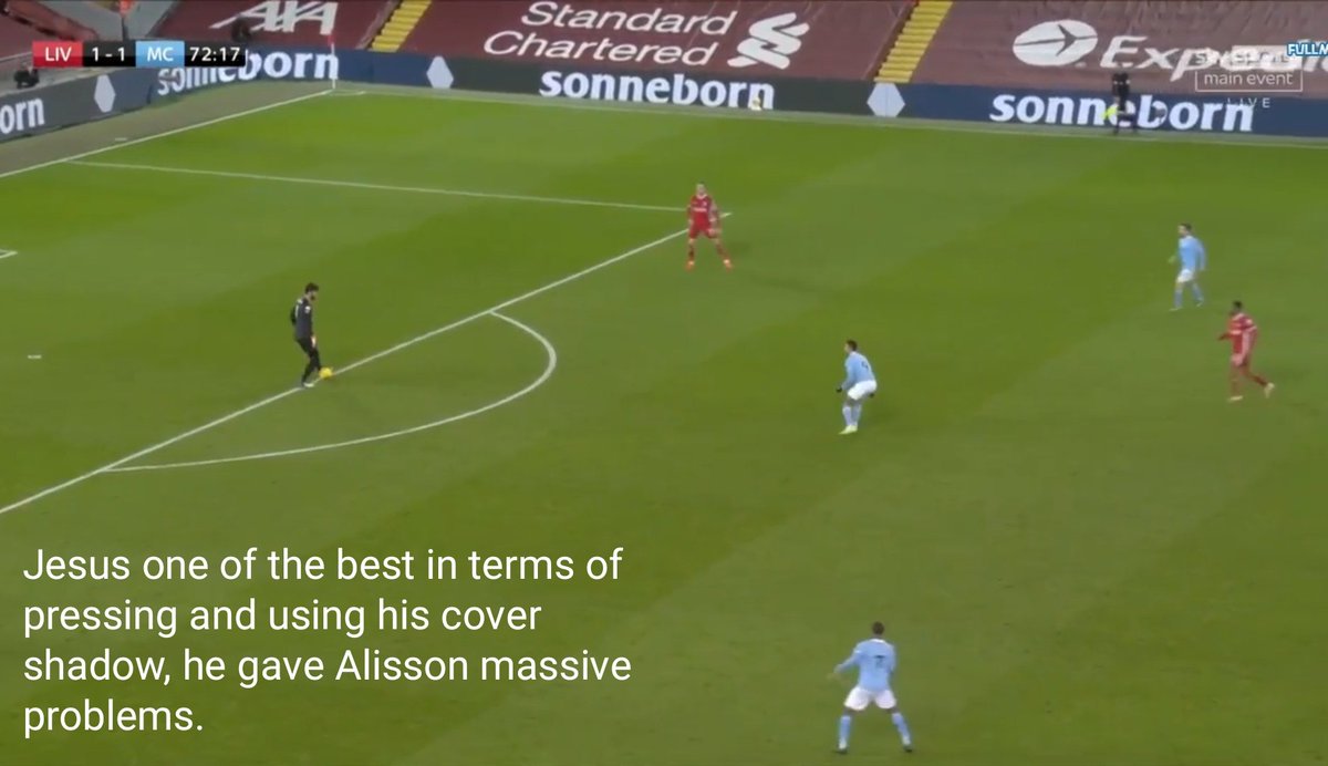 3. The game-changer: Introduction of JesusMahrez was struggling all game to track Robertson so the introduction of Jesus at 1-1 was a killer move by Pep. City's pressing and marking elevated and it forced mistakes out of Alisson who was lost for options. 