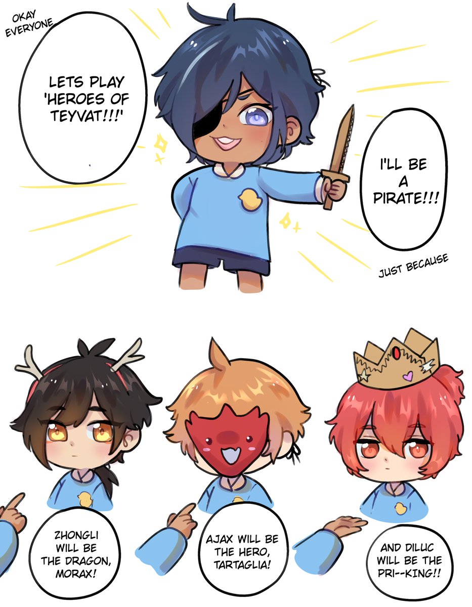 more kindergarten au but it's playtime!! diluc is the kid who looks like he'll cry easily but after a while you realize you've never seen this child cry ever
#genshinimpact #kaeya #diluc #zhongli #childe 