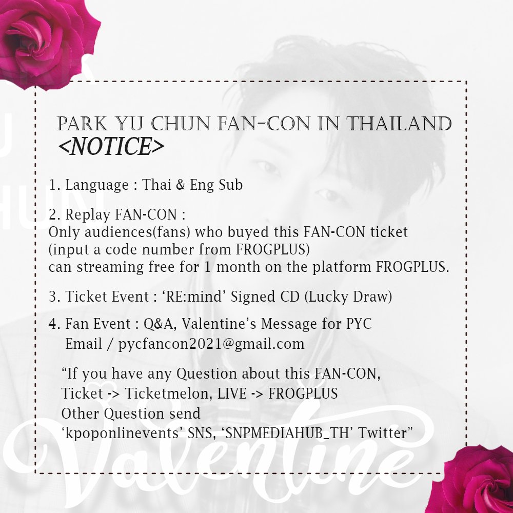 SNPMediaHUB_TH's tweet photo. 🌹 #ParkYuChun Valentine's FAN-CON in #Thailand
#PYCVALENTINEFANCON related
🌻NOTICE🌻
"LANGUAGE : THAI & ENG SUB"
🎵 #FROGPLUS
https://t.co/mLq4KdGsV4
🎫 #ticketmelon
https://t.co/34pkUV1aNa
#ยูชอน #trueshopping
#SNPMEDIAHUB #Recielo https://t.co/U5o47uOHwL