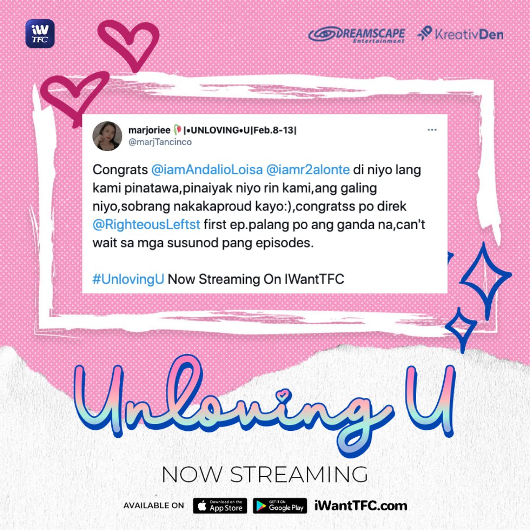 ofc_iwant's tweet photo. Thank U for the love and support! WE LOVE U TODO TODO!!! 😍😍😍

Abangers ulit tayo later para a #UnlovingUep2!
Streaming tonight at 8PM on iWantTFC!

@DreamscapePH @kreativdenph https://t.co/OG3TO9dugW