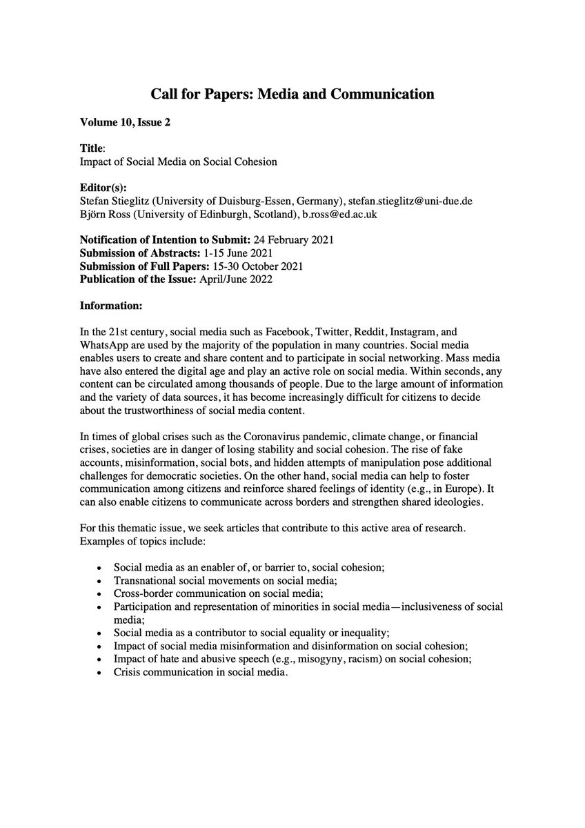 UCSM_UDE's tweet photo. CFP! Our colleagues @RGStieglitz and @bjoernross are editing this issue on the "Impact of Social Media on Social Cohesion" at the Journal of Media and Communication. Submission details here:
https://t.co/oHEtbG0OeM https://t.co/kjNnD4zfKN
