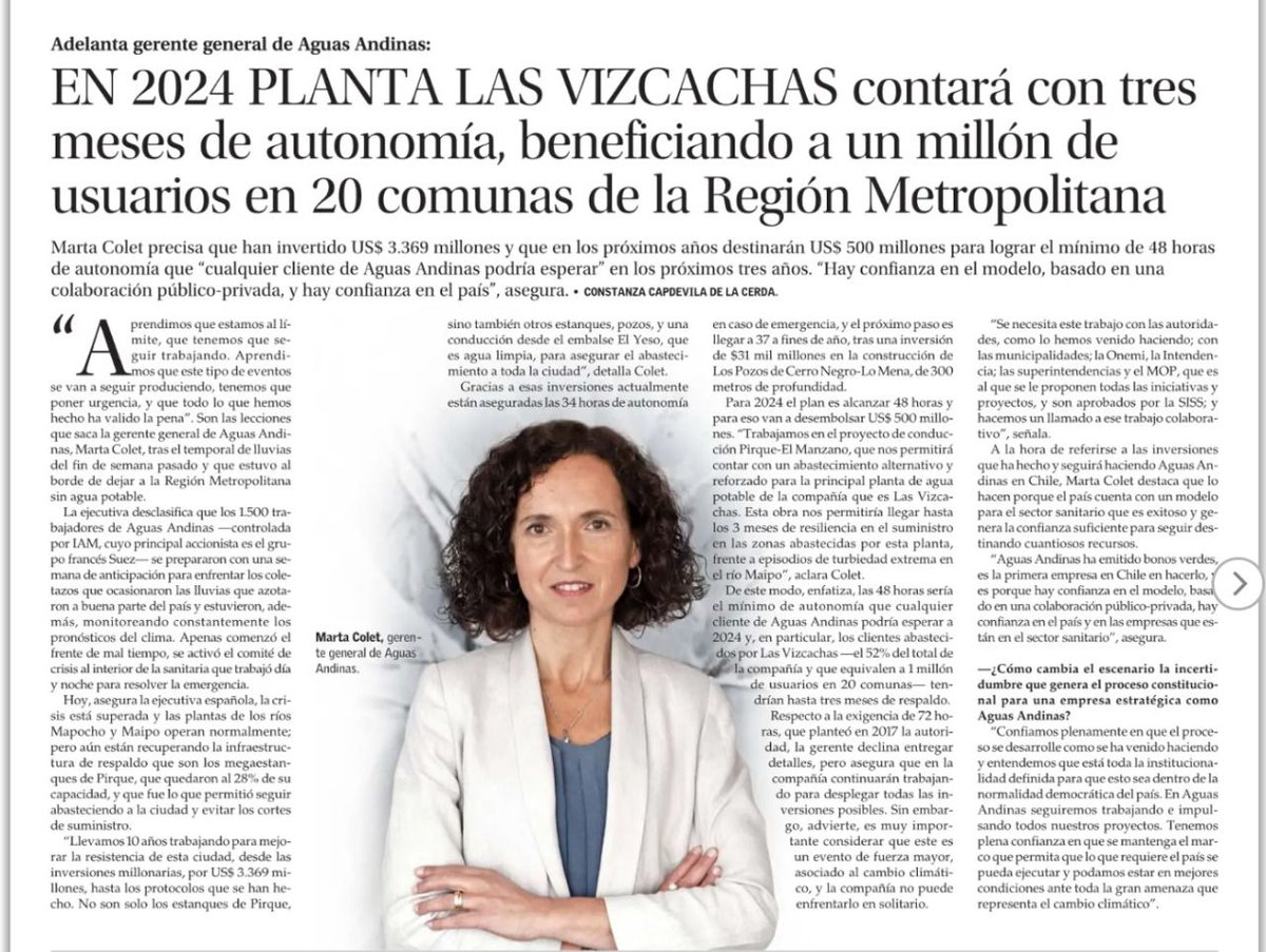El conocimiento y la gestión de <a href="/aguas_andinas/">Aguas Andinas</a> ante el evento climático ha sido crucial para que el suministro no se vea afectado. Seguimos atentos ante cualquier variación. Imprescindible seguir trabajando en el plan de futuro marcado por la gerente general Marta Colet.