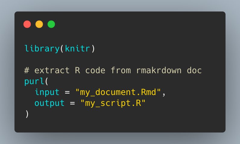 Sometimes you just want to extract the source code present in the source document (e.g., Rmd) to a separate script, and {purl} from {knitr} 📦 makes that effortless! 🦪

yihui.org/knitr/options/…

#rstats #DataScience