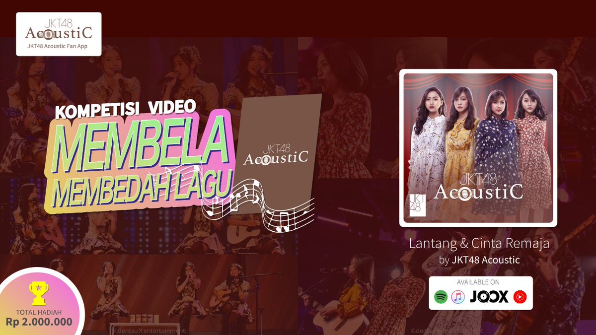 [BIG GIVEAWAY ALERT] 🎁💸🎉
Sebagaimana telah dibahas di live showroom appmin kemarin, dalam rangka menyambut rilisnya 2 lagu orisinal JKT48 Acoustic di platform streaming, maka untuk memeriahkan, diadakan Kompetisi Video #MembelaJKT48Acoustic

Total hadiah sebesar 2 JUTA Rupiah.