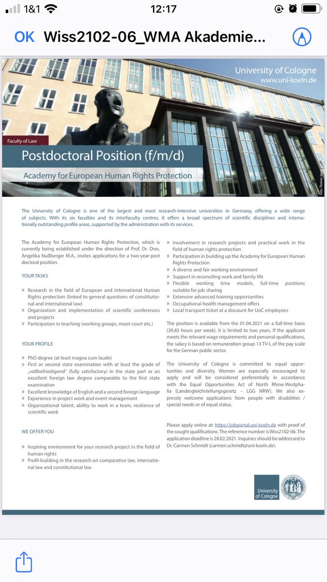 We are looking for young researchers interested in human rights law and offer 6 PhD positions and one post-doc position for the Academy for European Human Rights Protection that is about to be established at Cologne University. @IEECL_cologne @UniCologne