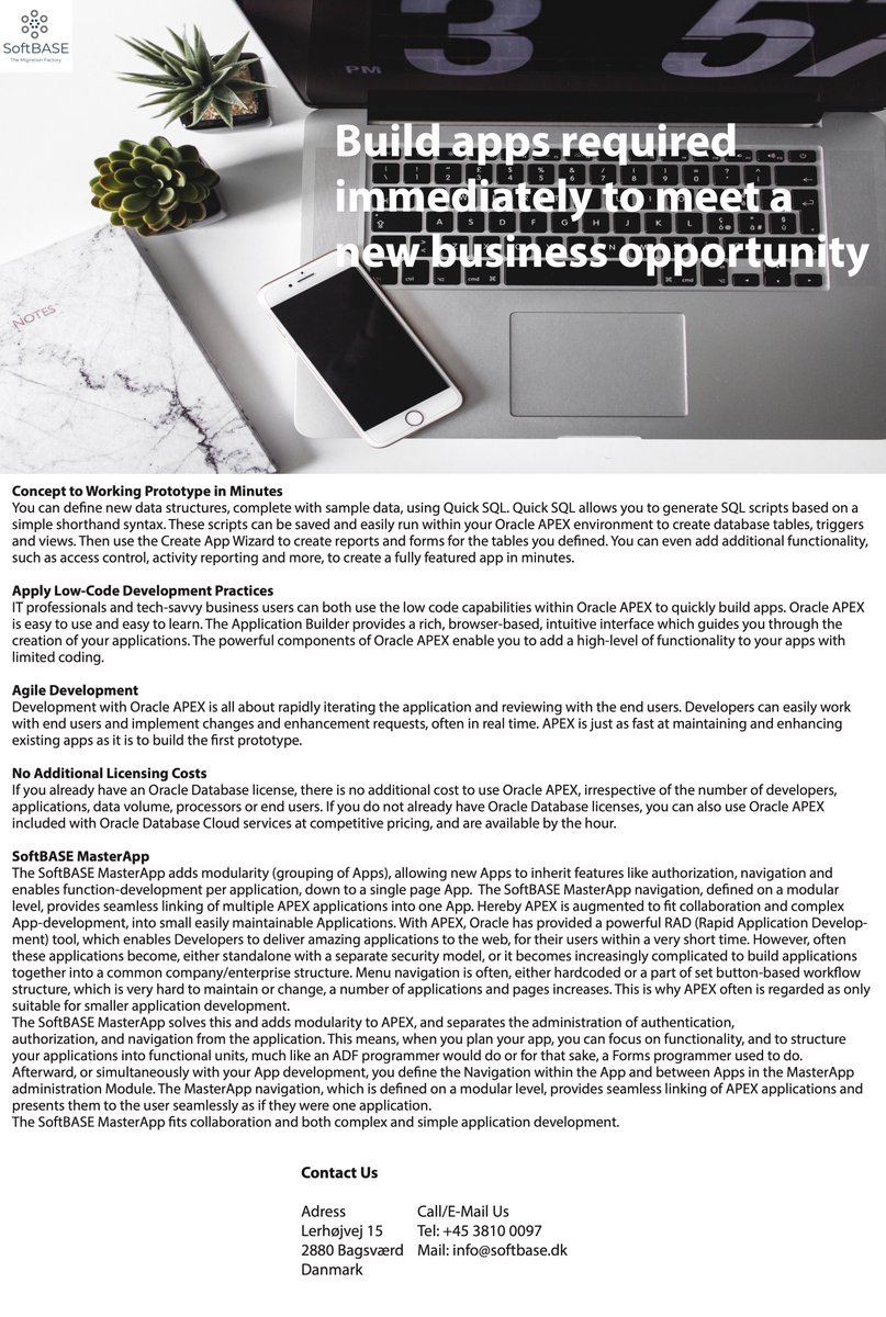 DenmarkSoftbase's tweet image. Don&apos;t we all know the feeling. &quot;If I just had that functionality&quot; or &quot;If I could get this functionality on my mobile&quot;. Why not use Oracle APEX? It is free, easy, quick to develop apps and is a born Cloud solution. We are APEX experts and we are ready to help.  #Softbase #oracle