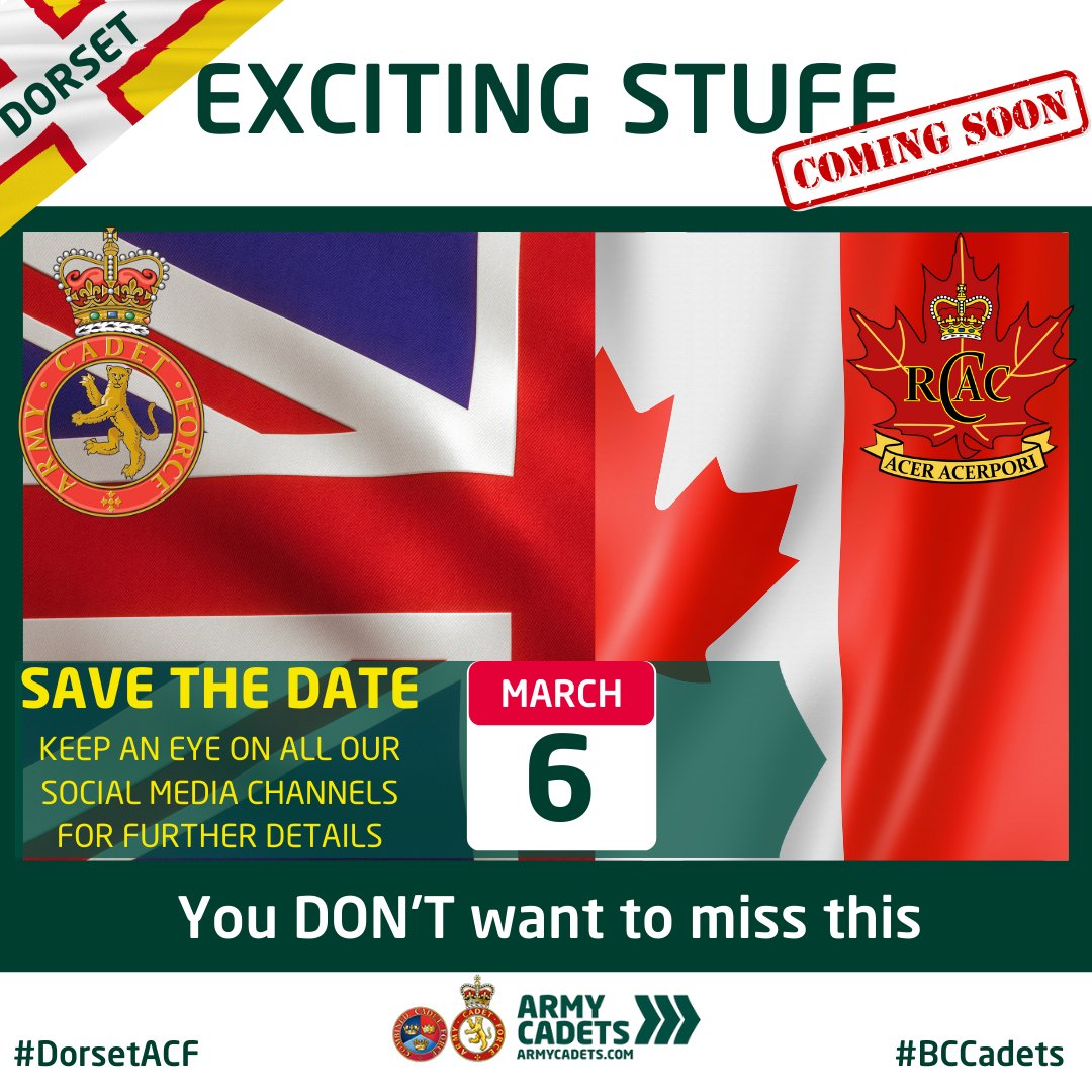 Dorsetacf's tweet photo. COMING SOON!!!
An EXCITING international joint virtual event with Canadian Cadets.
Mark the date in your diaries - March 6th 2021 16:00.
Keep an eye on our Social Media for updates on who / what to expect. It's going to be a great event.
#ACF #VirtualACF #RCACC #BCCadets https://t.co/Mfs7Mupf43