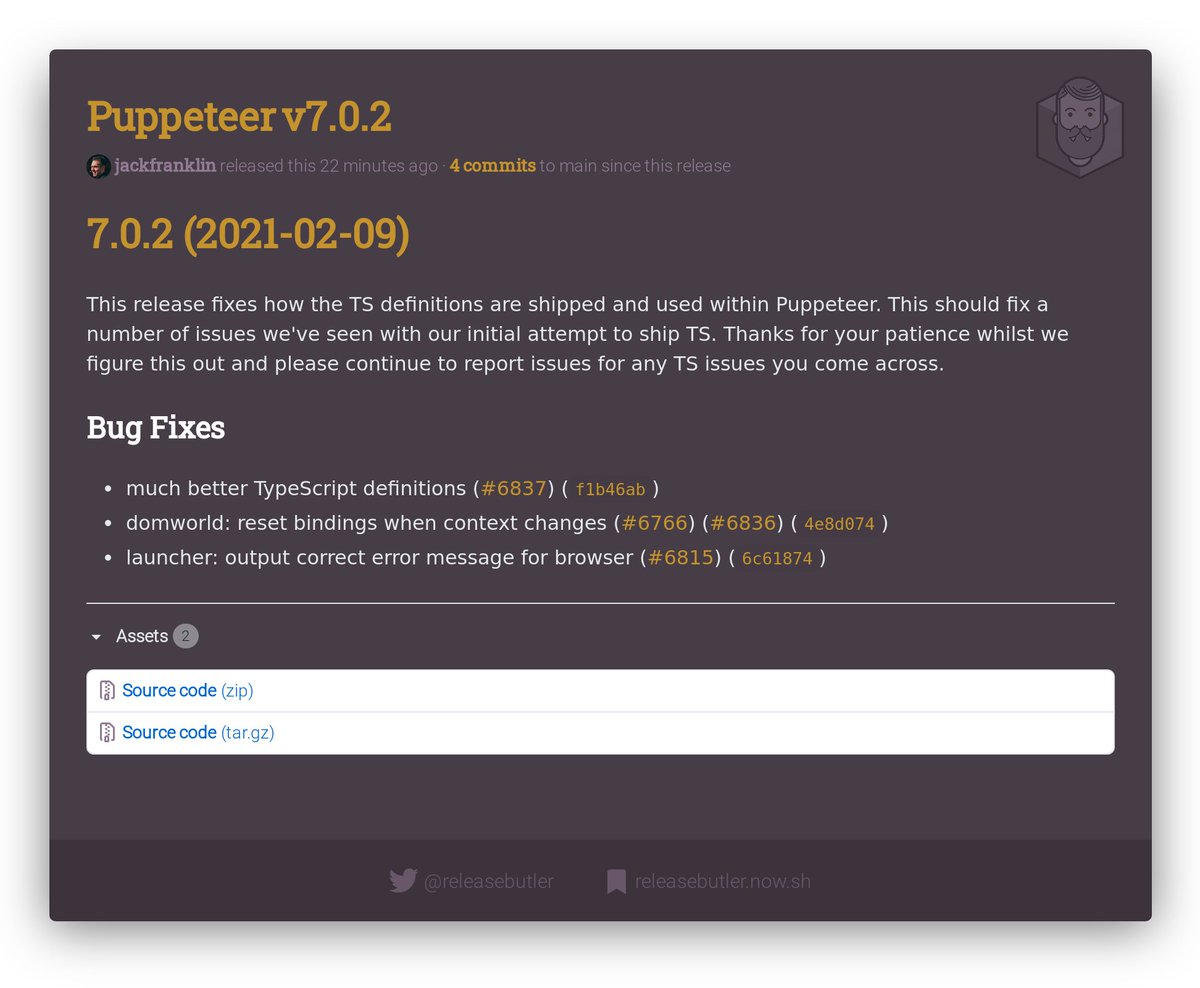 releasebutler's tweet photo. ๐ฅ New Puppeteer Release ๐
๐ฆ v7.0.2
๐ FIX RELEASE ๐
๐ท๏ธ #puppeteer #headlesschrome #nodejs #ssr #release #changelog #releasebutler
๐ https://t.co/G1B5GfEG4J https://t.co/5TgZ1kwix3