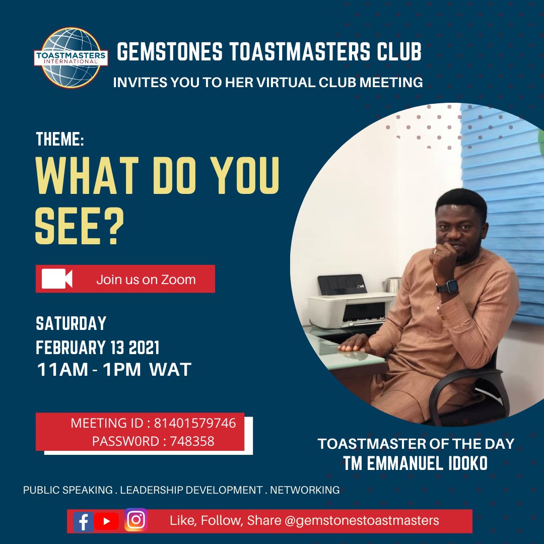 Perception underpins everything we think, do, believe, know or love~ Beau Lotto
Join us on at Gemstones Toastmasters Club, Kaduna on Saturday to enhance your communication and leadership skills. Link in bio
#leadership #toastmasters #networking