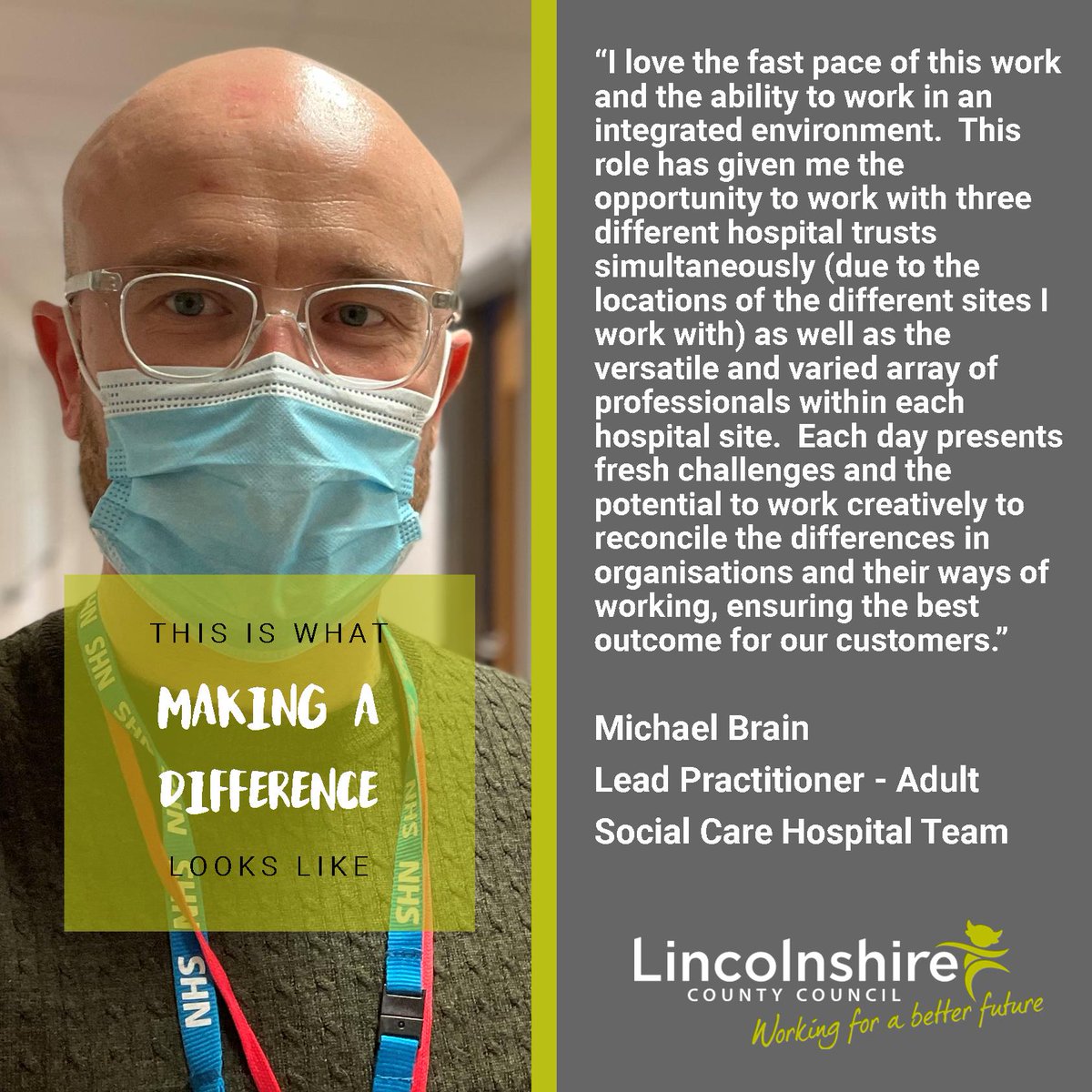 Come and join Michael in our Adult Social Care Hospital Team. We are recruiting for Lead Practitioners and Social Workers now! qoo.ly/3amtp9 #socialwork #Socialcare #recruiting #recruitment #Lincolnshire