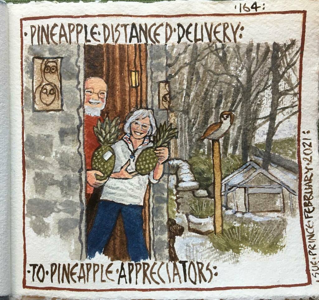 SuePrinceArtist's tweet photo. *Pineapple Day*
At Hopedale Farm
The Isolation Chronicles 
My daily record of #pandemiclife on our #organic-farm in the Peak District.

Books, prints, #Greetingcards available at
https://t.co/466ZKKii3X 
. 
.
.
#doartslockdown #Justacard
#isolationchron… https://t.co/37VSg2h3Xx https://t.co/PiLC49otlC