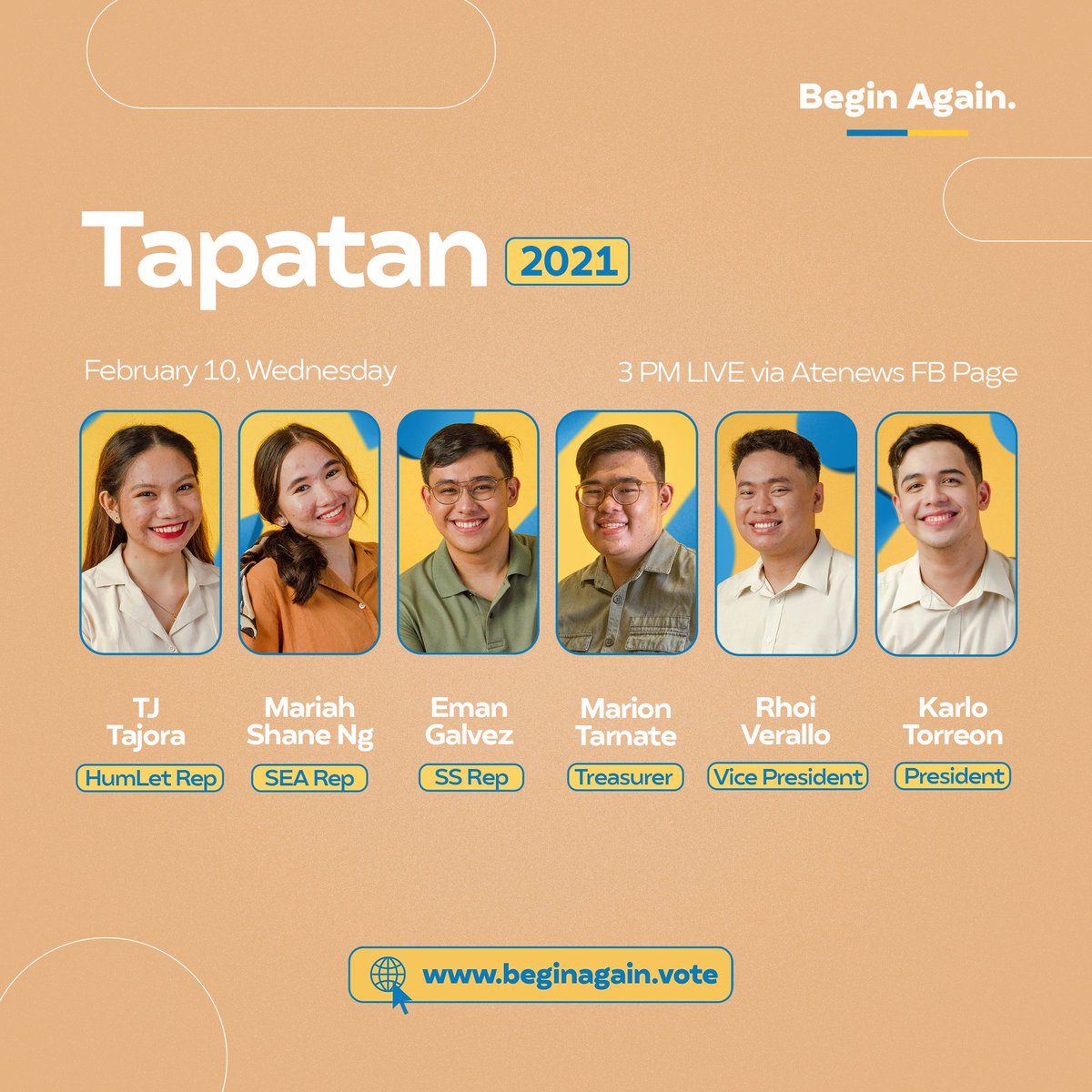 beginagain_vote's tweet photo. Hey, Ateneans! 🤍
Tomorrow, Feb 10, support Karlo, Rhoi, Marion, TJ, Mariah, and Eman as they face off their opposing candidates in the Tapatan 2021.
Get a glimpse of their take on significant issues that concern us and society.
🔊LIVE on Atenews FB page. — #BeginAgain2021 https://t.co/Qb8WcBtTKd