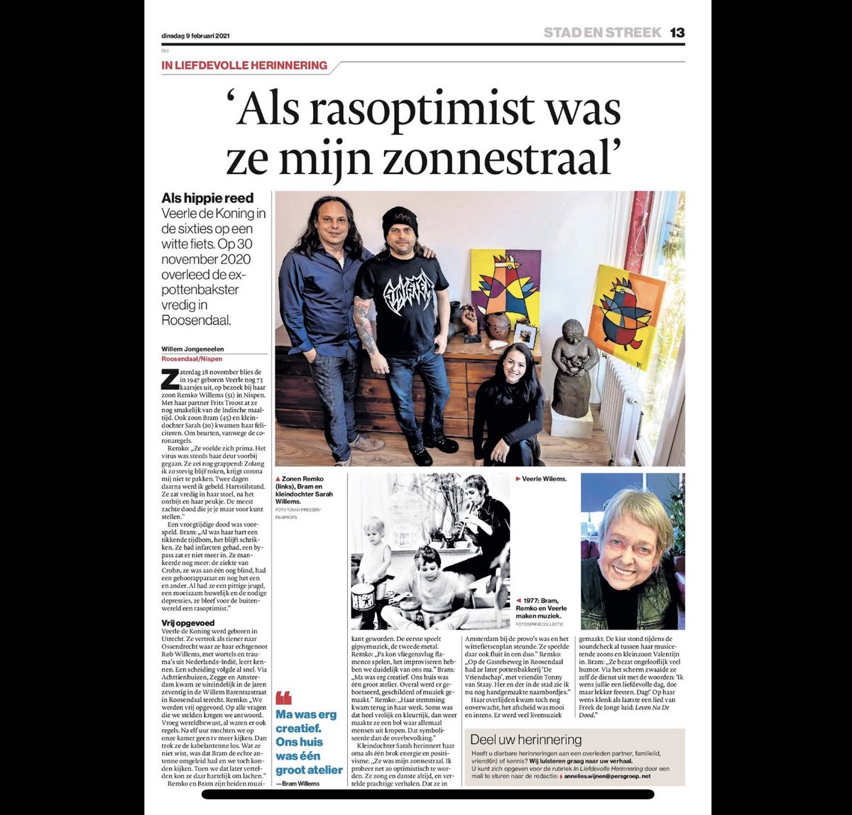Vandaag een liefdevolle herinnering aan onze moeder Veerle de Koning ❤️, geschreven door Willem Jongeneelen in BN/deStem krant. (Willem Bedankt) 🙏🏽
Met Sarah Willems Bram Willems Valentijn Willems Morena Willems-Rohde