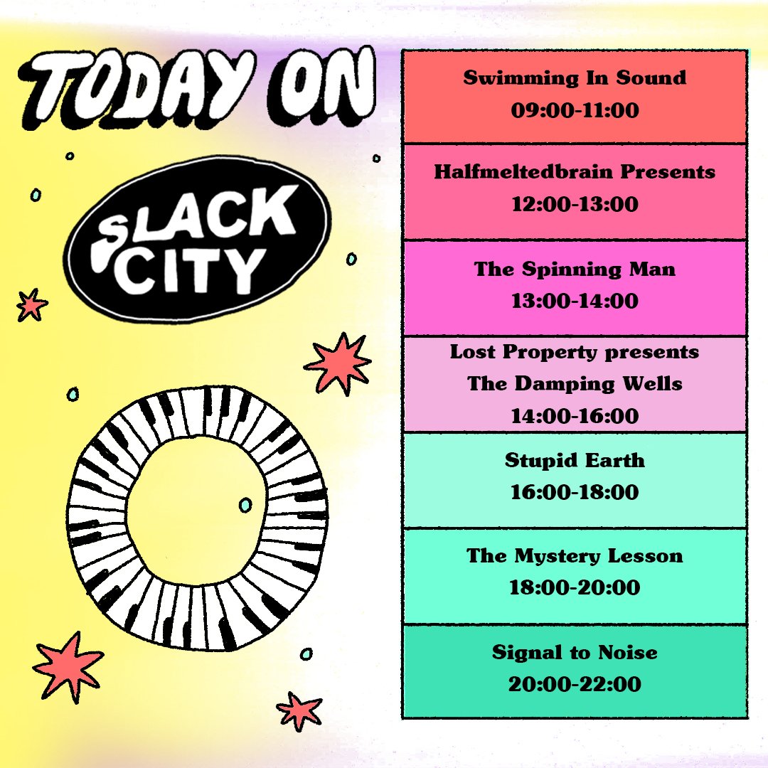 #SlackCityRadio on a Tuesday. Tune in on SlackCity.org.uk and on DAB

<a href="/Headgit/">Swim HQ</a> <a href="/MalkaSpigel/">Malka Spigel-Newman</a> // #Halfmeltedbrain // <a href="/The_Shend/">The Shend</a> // @lostpropertyco // <a href="/STUPIDearthBTN/">STUPID EARTH</a> @Slugabedmusic // @mysterylesson // #SignaltoNoise

 Artwork by @em_wallace_art  <a href="/PrezEdBrighton/">Presuming Ed</a>